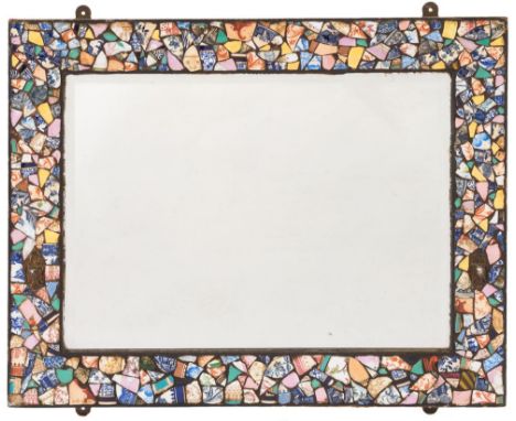 A ceramic mosaic framed rectangular wall mirror,: with inset bevelled plate, 55cm (1ft 9 3/4in) x 70cm (2ft 3 1/2in).