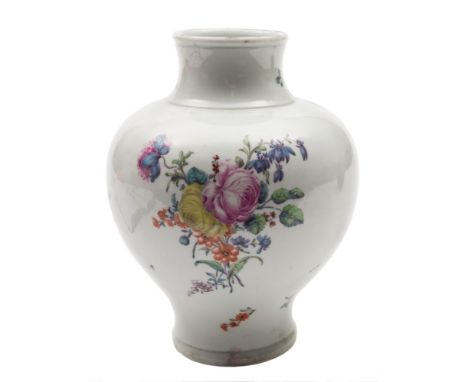 A First Period Worcester baluster vase: with waisted neck, finely painted in the Meissen manner with a floral bouquet and sca
