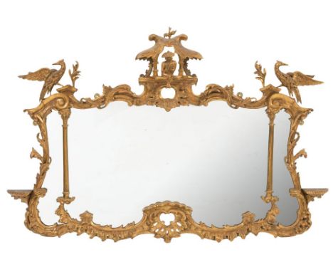 A 19th Century carved giltwood landscape overmantel mirror of cartouche-shaped outline in the Chinese Chippendale taste:, sur