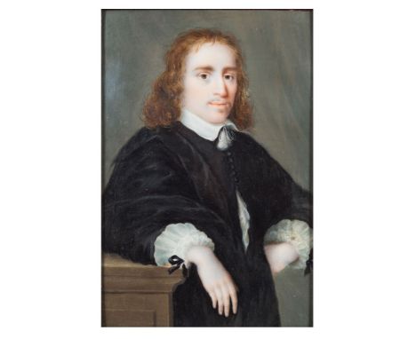 Dutch School-A miniature portrait of a 17th Century gentleman, half length standing,:- with long wavy red hair and brown eyes