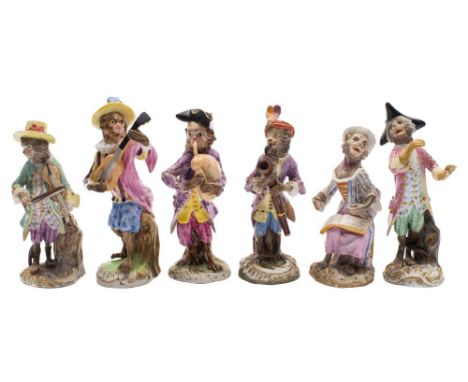 A group of six Meissen monkey band musicians: after the 18th century models, playing various musical instruments or singing, 