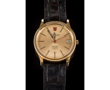 Omega - A gentleman's 'Omega f300Hz' electronic gold plated wristwatch: the brushed dial with baton numerals and hands, sweep