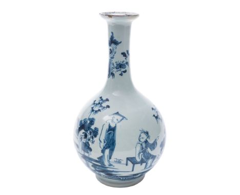 An English blue and white delftware water bottle: painted with two Chinese figures, one seated, in an extensive landscape wit
