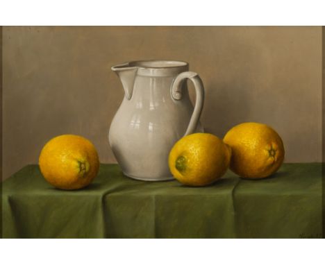 * Nadine Lundhal [b.1956]- Three Lemons and White Earthenware Jug on Green Clothed Ledge:- signed bottom right oil on panel 1