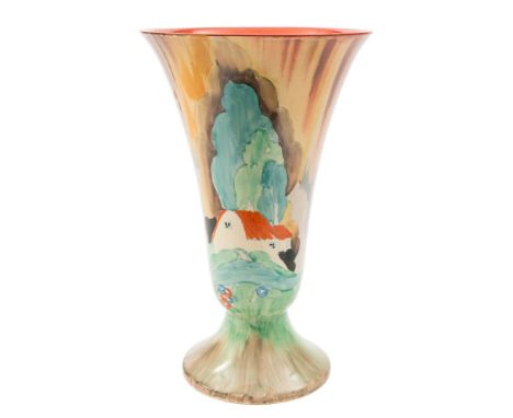 A large Clarice Cliff 'Forest Glen' vase: of trumpet form, painted with a cottage and trees in a landscape under a streaked D