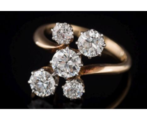 A gold and diamond five-stone cluster ring: with graduated round, old brilliant-cut diamonds approximately 0.50ct, 0.40ct, 0.