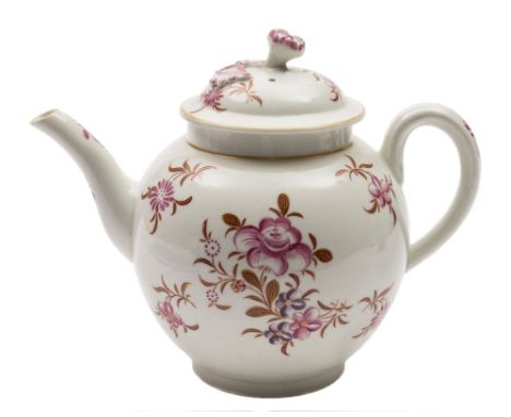 A First Period Worcester teapot and cover: of globular form with flower finial painted in puce, brown and gilt with scattered