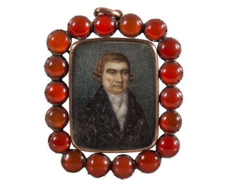 Circle of Mauritius Lowe [1746-1793]-A miniature portrait of gentleman,:-bust-length, wearing a red wig, black coat and white