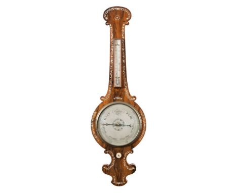 A rosewood Victorian wheel barometer: the nine-inch round silvered dial having a blued steel hand and brass pointer, the scro