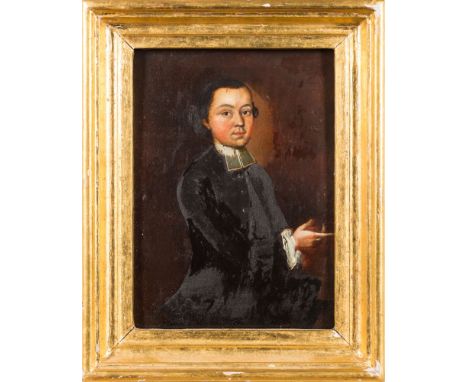 Follower of Arthur Devis [1711-1787]-A miniature portrait of a young man, three-quarter length standing,:-with dark hair and 