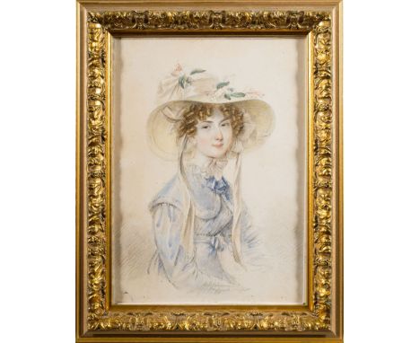 Adam Buck [1759-1833]-Portrait of Mrs Samuel Stephens, nee Elizabeth Wallace, bust-length,:- wearing  a lace cap with pink ri