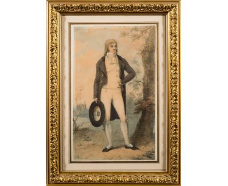 James Green [1771-1834]-Portrait of an Eton scholar,:- full-length standing, a view to the College in the distance,signed and