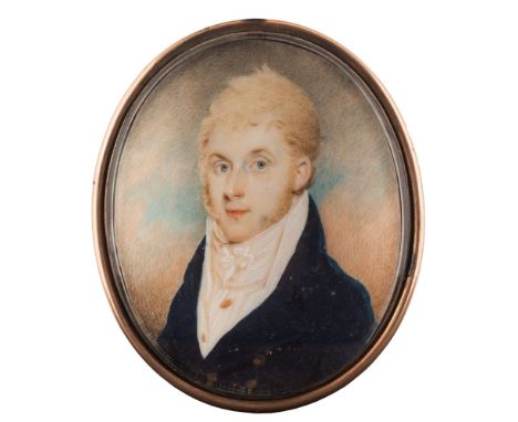 Anglo/Irish School Circa 1800-A miniature portrait of a young man, head and shoulders,:-with wavy blonde hair, sideburns and 