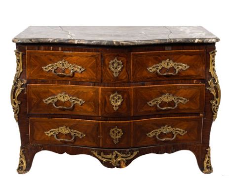 A Louis XV kingwood, inlaid and gilt metal mounted serpentine fronted bombe commode:, surmounted by a panel of grey variegate