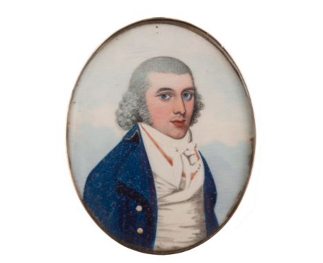 Frederick Buck [1771-1839/40]-A miniature portrait of a young man,:-bust-length with powdered and trimmed fringe, blue eyes a