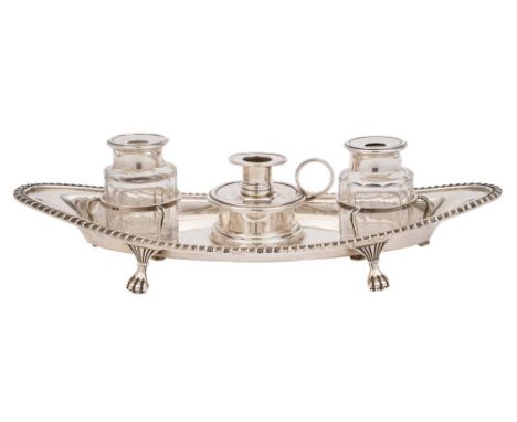 A George V silver inkstand, maker Ellis Jacob Greenberg, Birmingham, 1910: of oval outline with gadrooned border, the circula