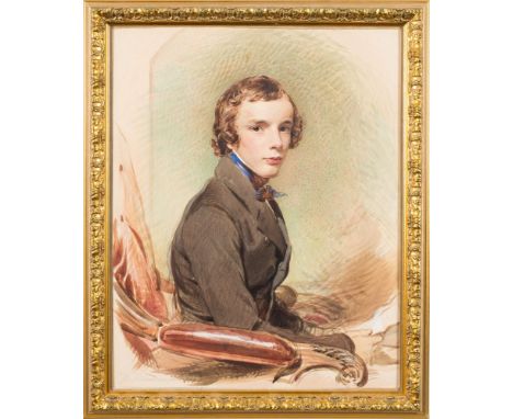 George Richmond [1809-1896]-Portrait of a young man, half-length seated,:-with short brown hair, wearing a dark brown coat an