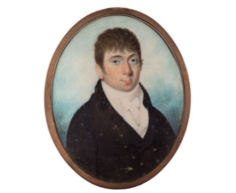 English School early 19th Century-A miniature portrait of a young man,with short dark hair and blue eyes, wearing a blue coat