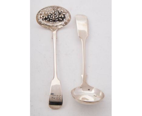 A Victorian provincial silver sauce ladle, maker William Rawlings Sobey, Exeter, 1841: initialled, together with a silver sif