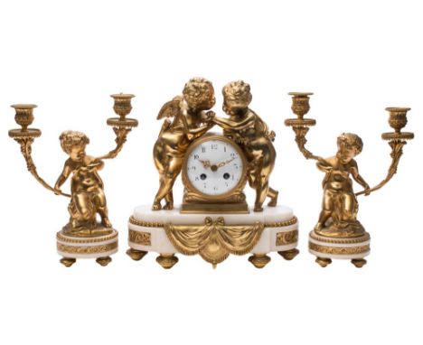 Vincenti, Paris a three-piece clock garniture: the eight-day duration movement striking the hours and half-hours on a bell, t