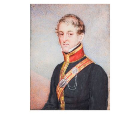 English School Circa 1840s-A miniature portrait of a Light Dragoons Cavalry Officer,bust-length, with fair wavy hair and brow