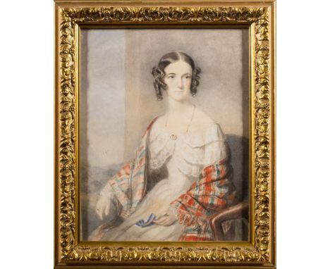 Frederick Coke-Smythe [fl.1800-1881]-Portrait of Miss C Thornwaite, three-quarter length standing on a balcony,:- wearing a s