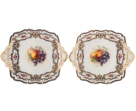 A pair of Royal Worcester fruit painted dessert dishes: each painted by Frank Roberts with a bunch of grapes, peaches, blosso