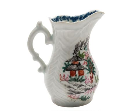 A First Period Worcester feather-moulded cream jug: with double scroll handle, painted with the 'Staghunt' pattern in the Chi