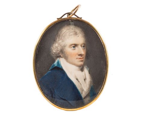 English School Circa 1790-A miniature portrait of a gentleman,:-head and shoulders, with wavy grey hair and blue eyeswearing 