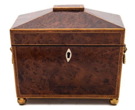 A 19th century yew wood and boxwood strung tea caddy: of sarcophagus outline, with domed hinged lid enclosing two lidded comp