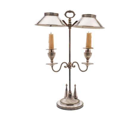 A silver plated twin-branch student's lamp: the central square column with twin domed adjustable shades, having a pair of wri