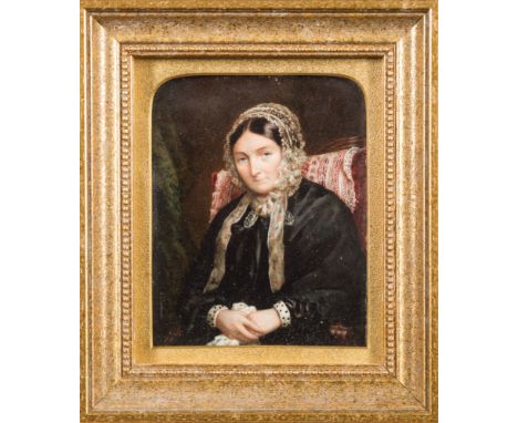 Cornelius Beris Durham [fl.1825-1865]-A miniature portrait of a lady, half-length seated in an interior,:- with dark hair and