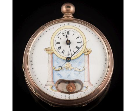A gentleman's open face pocket watch: the enamel dial with hand painted mantel clock with visible pendulum, the dust cover st