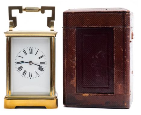 A French Edwardian carriage clock: the eight-day duration timepiece movement having a platform lever escapement, with the bac