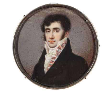 Russian School early 19th Century-A miniature portrait of a young man, head and shoulders,:-with dark curling hair and brown 