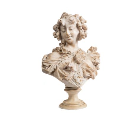 An Art Nouveau period alabaster bust of a girl: her hair in curls and a bun, wearing a dress with garland and sash decoration