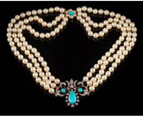 A turquoise, diamond and cultured pearl necklace: with three rows of cultured pearls each approximately 6mm diameter, centeri