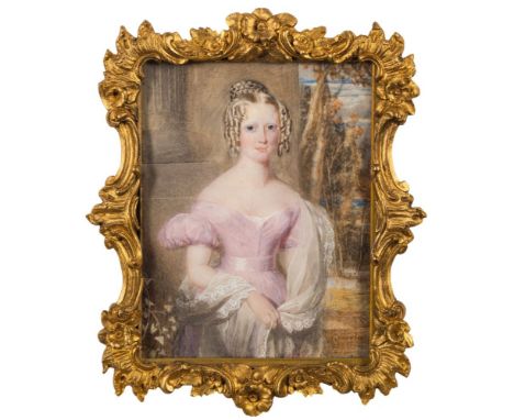 Henry Hawkins [18/19th Century]-A miniature portrait of a young lady, three-quarter length standing,:- with long blonde hair 