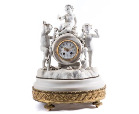 A French Victorian bisque mantel clock: the eight-day duration movement stamped with the trademark of the noted Parisian move