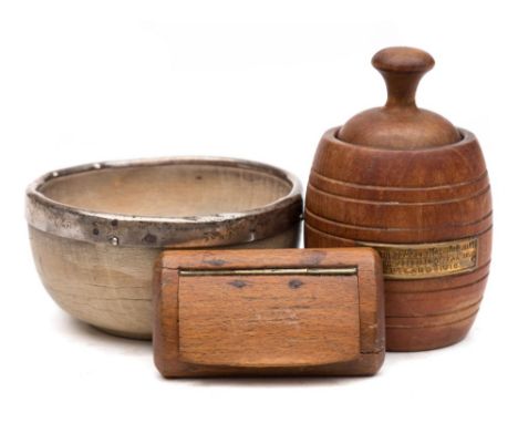 A small teak barrel and 'butter print' cover, a 19th Century snuff box and a silver mounted bowl: the barrel with brass plaqu