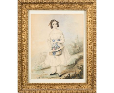 Emily Scott [fl.1826-1855]-Portrait of a young lady, three-quarter length seated,:-with long dark hair in ringlets and wearin