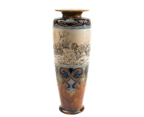 A Royal Doulton stoneware vase by Hannah Barlow: of slender ovoid form with flared rim, the body incised and decorated with a