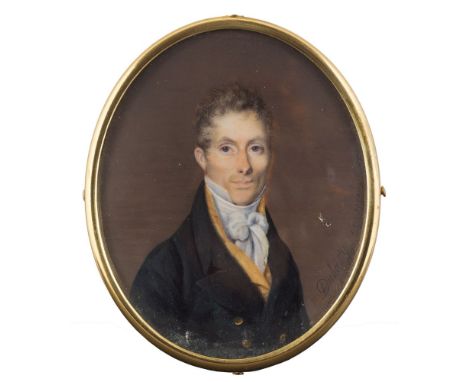 Adolphe Henri Dubasty [1814-1884]-A miniature portrait of a gentleman, head and shoulders, with wavy fair hair and blue eyes,