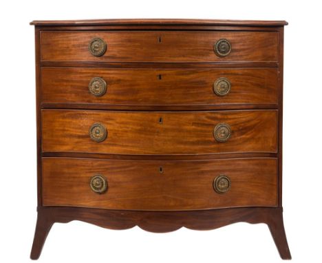 A George III and later mahogany serpentine fronted chest:, the top with a moulded edge, containing four long graduated drawer