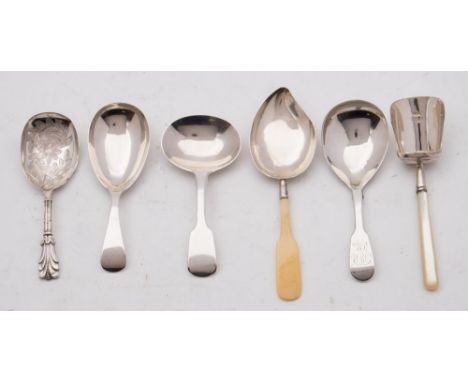 A collection of six various silver caddy spoons: various makers and dates, one initialled, weighable silver 42gms, 1.37oz.