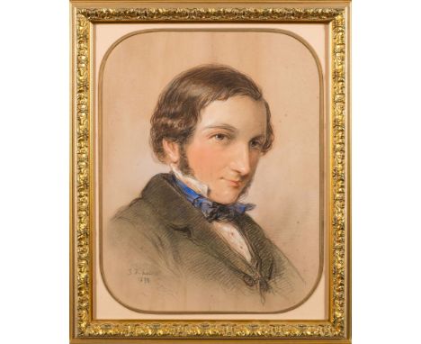 John Frederick Lewis [1805-1876]-Portrait of a young man, head and shoulders,:-with wavy brown hair and blue eyes, wearing a 