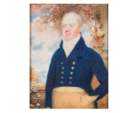 Charles Jagger [1770-1727]-A miniature portrait of a gentleman, three-quarter length standing,:-with short grey hair and rosy