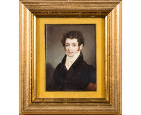 Charles Foot Tayler [fl.1818-1853]-A miniature portrait of a young gentleman,:-bust-length seated, with curling dark hair and