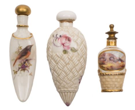 Three Worcester porcelain scent bottles and stoppers: comprising a Grainger & Co. example modelled as a small flask set in a 