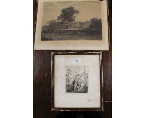 A FRAMED AND GLAZED ETCHING, FISHING WITH A LINE TOGETHER WITH A MOUNTED ENGRAVING ON STRETCHER OF ROTHLEY TEMPLE (2) (1810, 